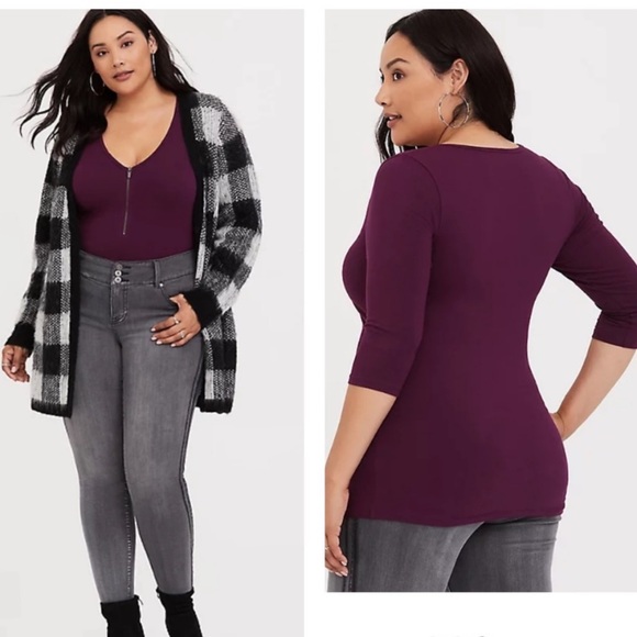torrid Tops - NWT Torrid Size 5 Foxy V-Neck Zip-Front Tee Purple Blouse 3/4 Sleeve Length